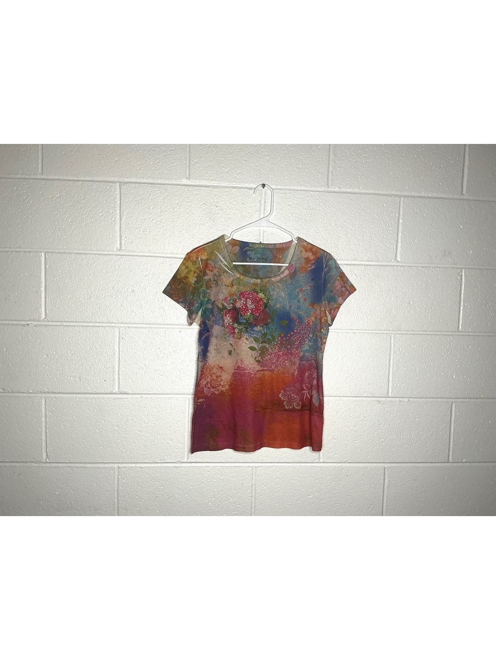 Y2K Jane Ashley Colorful Paisley Floral Pattern Rhinestone Embellished Top